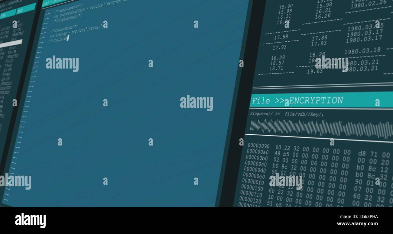 Immagine dell'elaborazione dei dati sugli schermi del computer Foto Stock