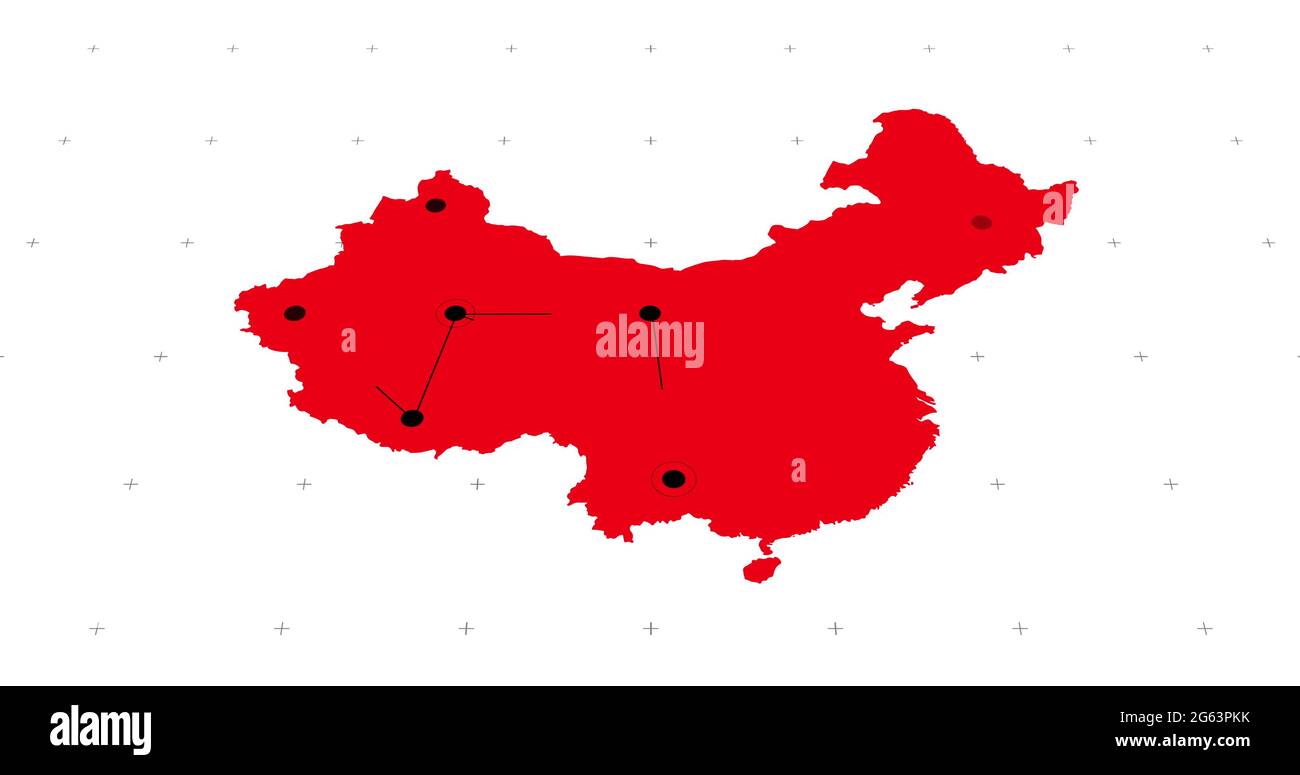 Mappa rossa con rete nera in rapido movimento di punti connessi su sfondo bianco Foto Stock
