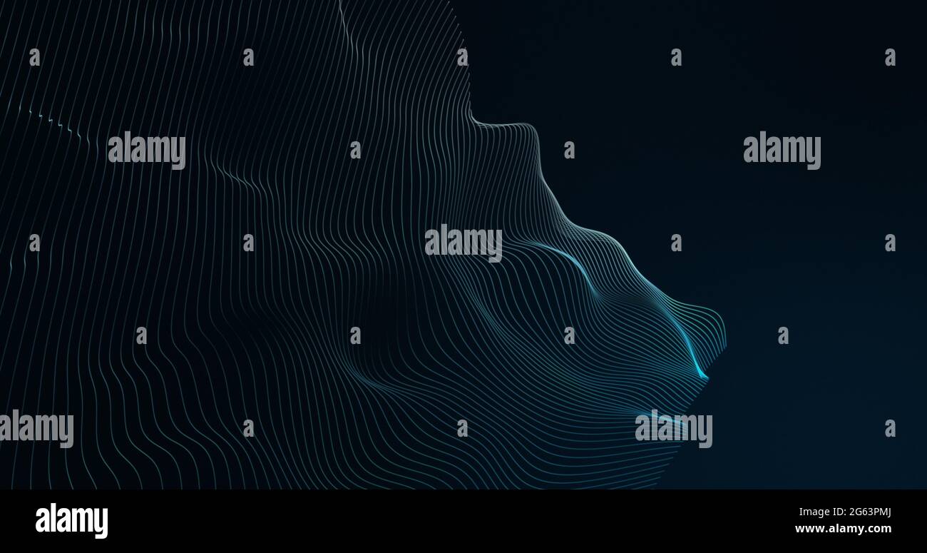 Forma topografica 3d ondulata delicatamente di linee chiare che si muovono su sfondo nero Foto Stock