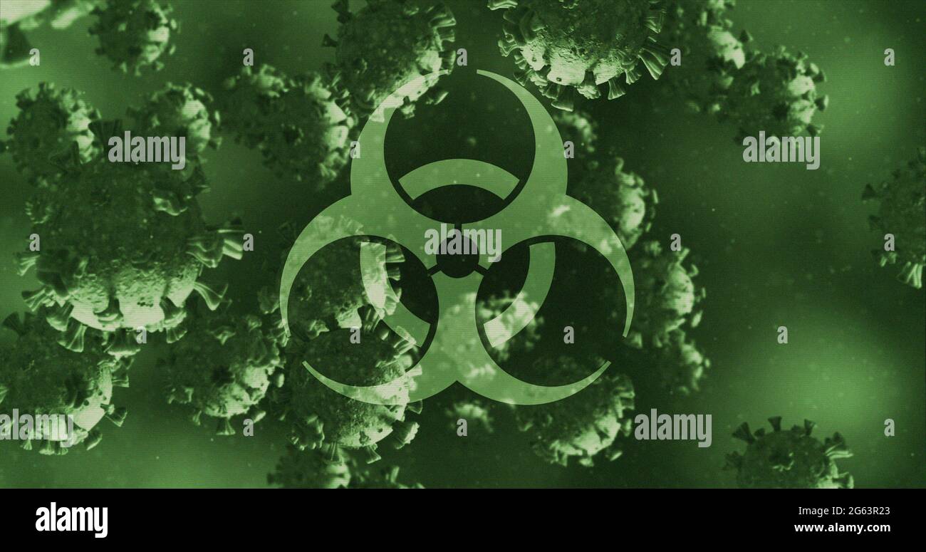 Immagine di un segno di pericolo per la salute sulle cellule di Coronavirus che galleggiano in un liquido 4k Foto Stock