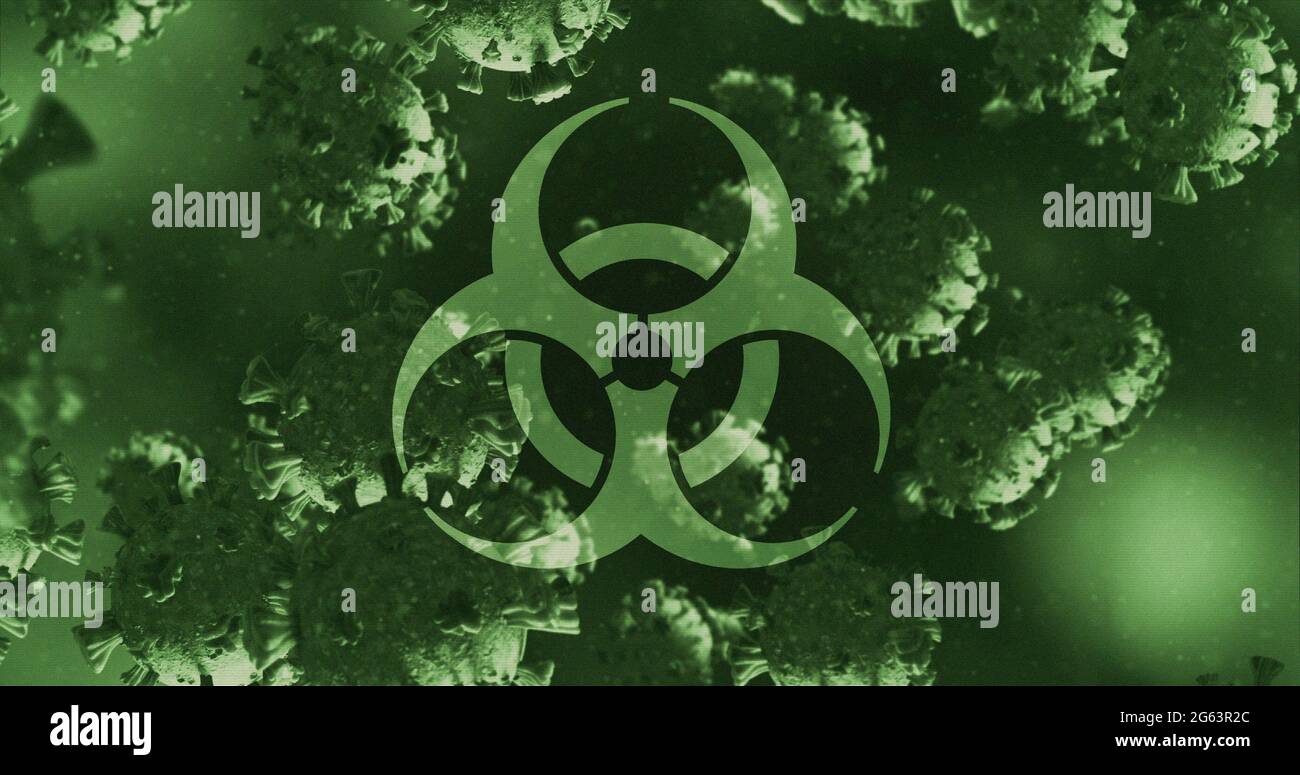 Immagine di un segno di pericolo per la salute sulle cellule di Coronavirus che galleggiano in un liquido 4k Foto Stock