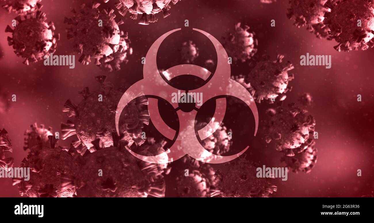 Immagine di un segno di pericolo per la salute sulle cellule di Coronavirus che galleggiano in un liquido 4k Foto Stock