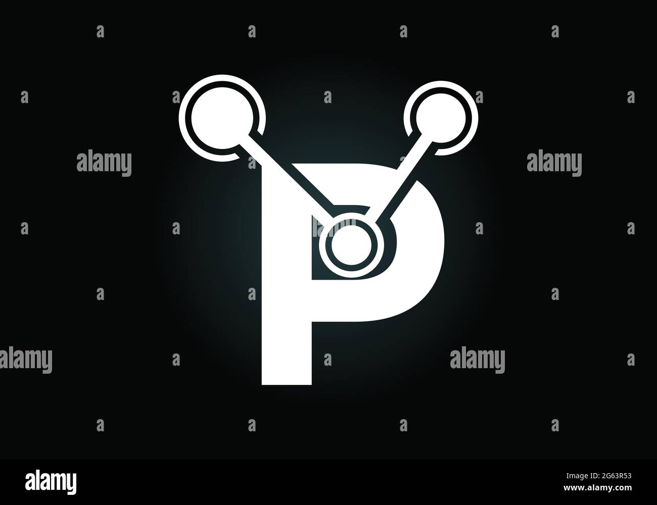 Lettera iniziale P con il simbolo del logo della tecnologia. Adatto per tecnologia, Internet e business relativo ai dati Illustrazione Vettoriale