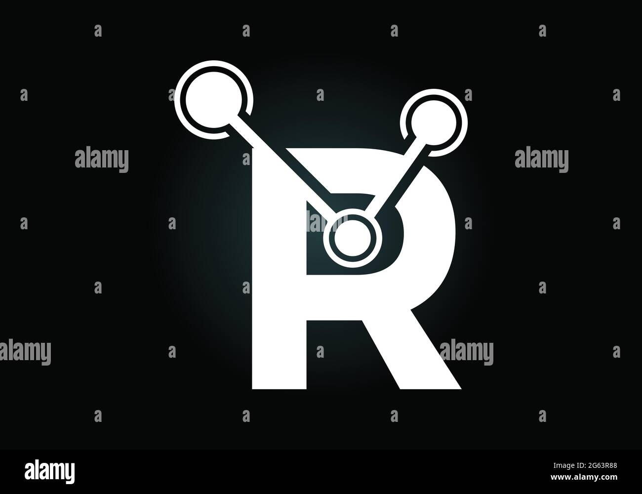 Lettera iniziale R con il simbolo del logo della tecnologia. Adatto per tecnologia, Internet e business relativo ai dati Illustrazione Vettoriale
