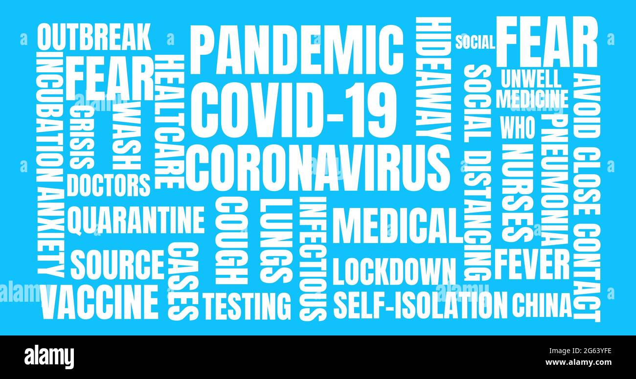 I testi del concetto di coronavirus si muovono su sfondo blu Foto Stock