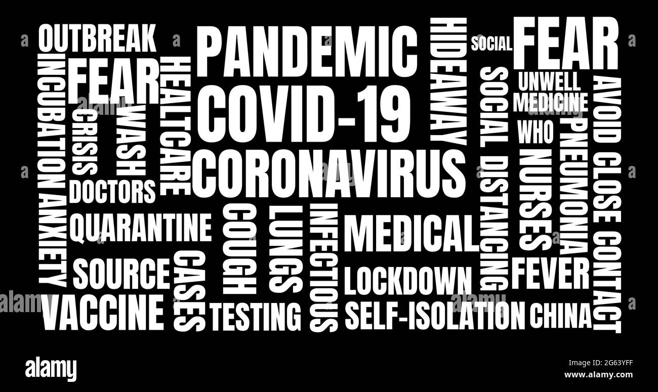 I testi del concetto di coronavirus si muovono su sfondo nero Foto Stock