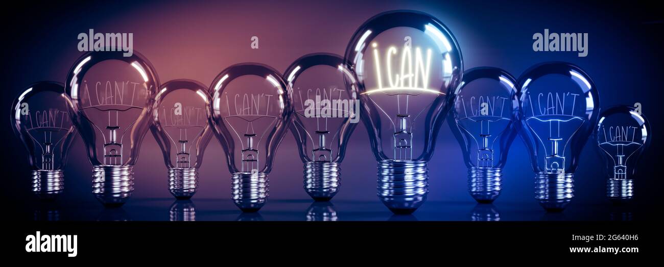 Posso, non posso concepimento - lampadine brillanti - illustrazione 3D Foto Stock