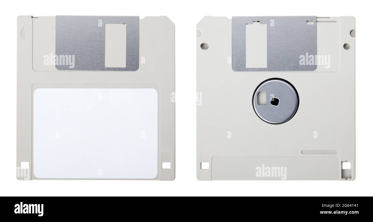 Floppy disk grigio, anteriore e posteriore con etichetta vuota isolata su sfondo bianco, tracciato di ritaglio Foto Stock