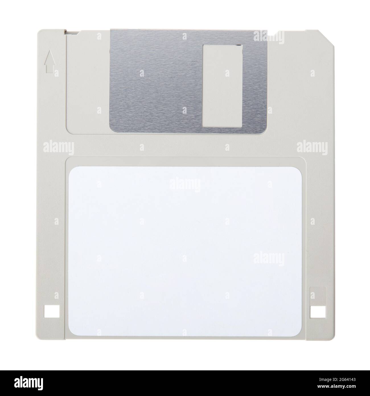 Floppy disk grigio con etichetta vuota isolata su sfondo bianco, percorso di ritaglio Foto Stock