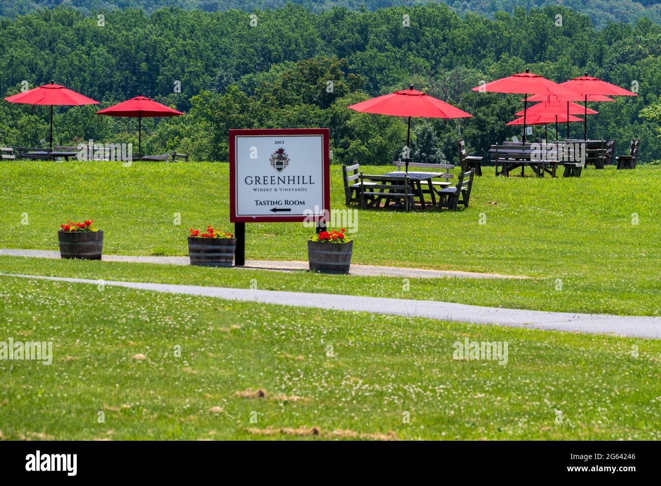 Middleburg, VA, USA - 28 giugno 2021. Foto a lunga distanza di un'area da pranzo all'aperto in un vigneto nella Virginia rurale. Foto Stock