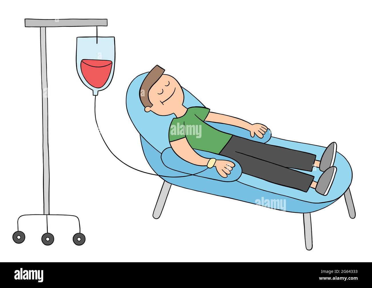Fumetto uomo donando sangue, illustrazione vettoriale. Contorni colorati e neri. Illustrazione Vettoriale
