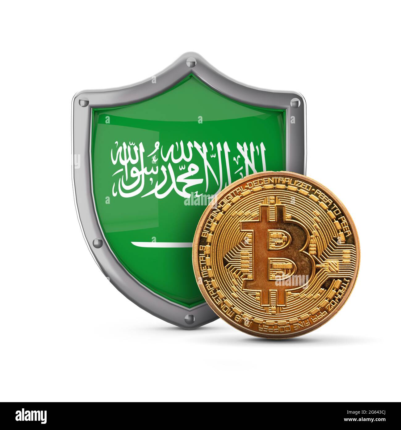Moneta criptovaluta Bitcoin davanti a uno scudo bandiera dell'Arabia Saudita. Rendering 3D Foto Stock