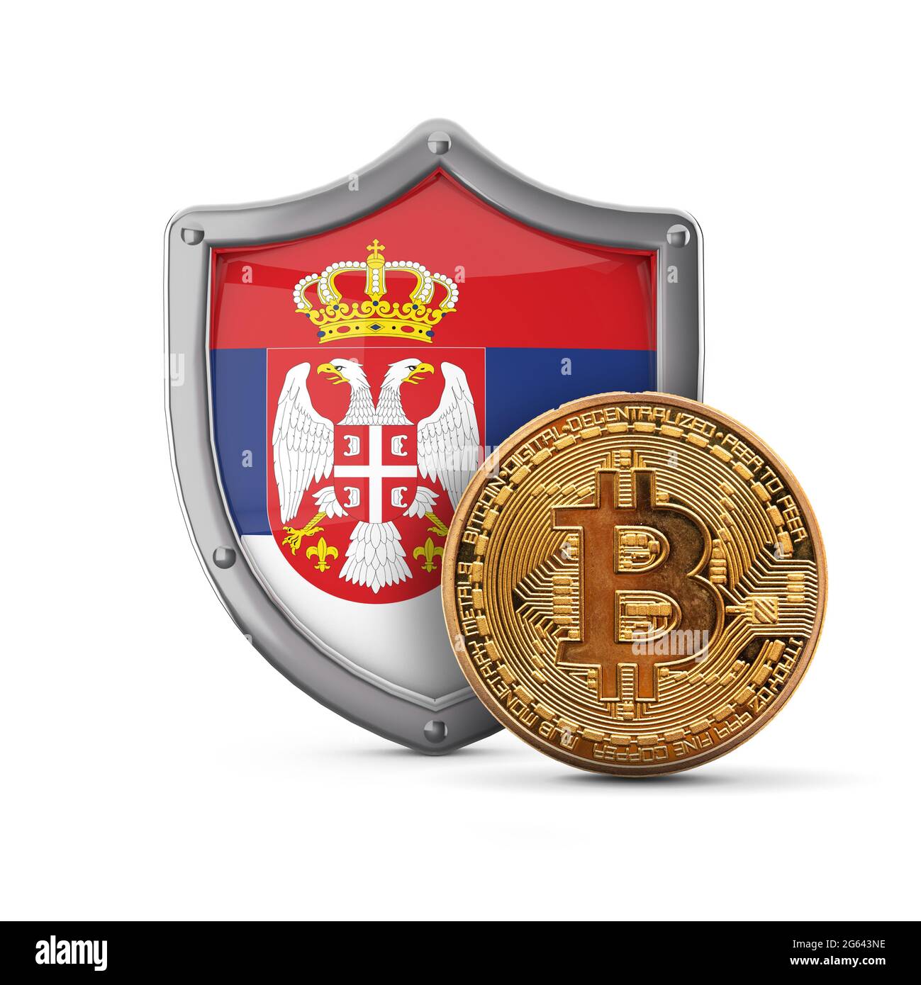 Moneta criptovaluta Bitcoin davanti a uno scudo bandiera serbo. Rendering 3D Foto Stock