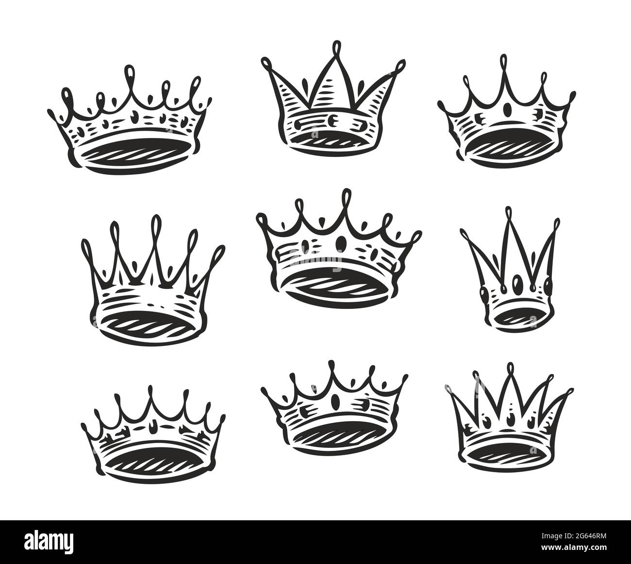 Set di simboli della corona. Icona reale, di lusso. Camera con letto king size o queen size Illustrazione Vettoriale