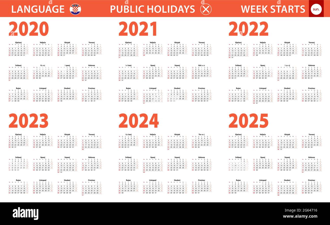 Calendario di 2020-2025 anni in lingua croata, la settimana inizia dalla domenica. Calendario vettoriale. Illustrazione Vettoriale