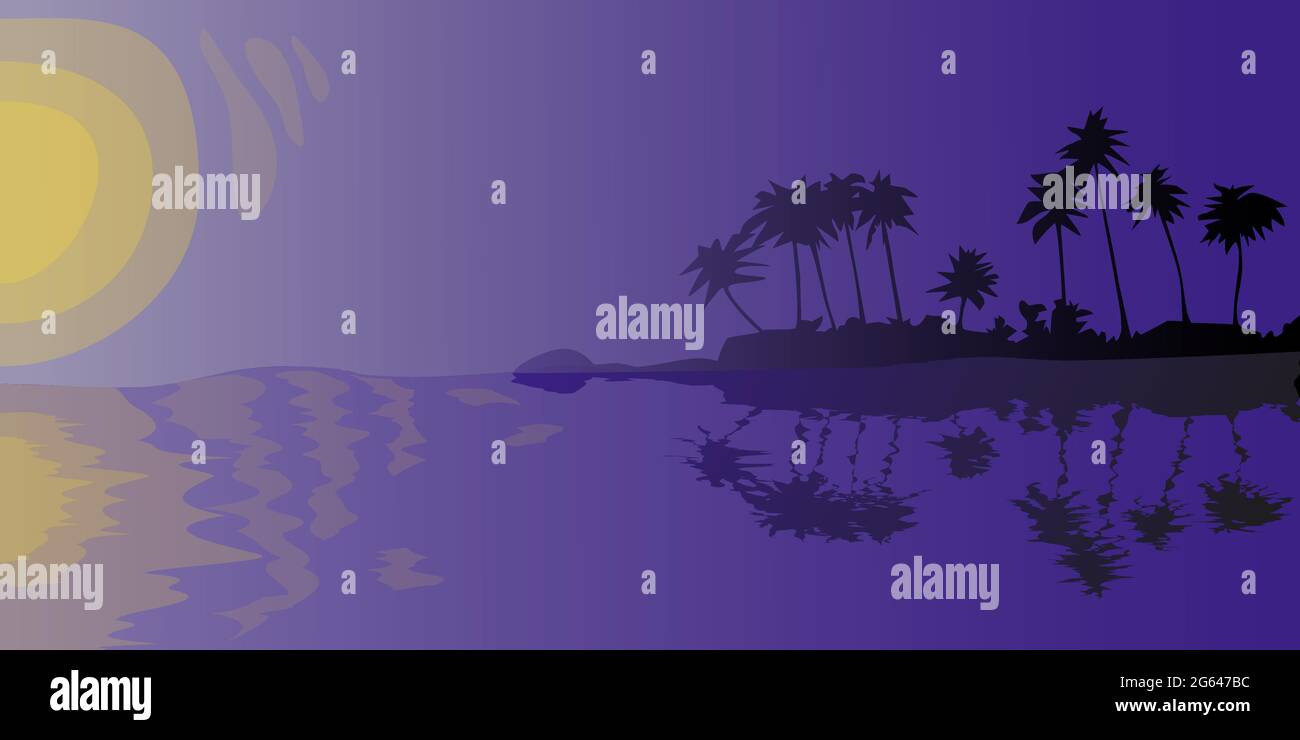 Tramonto o alba su isola tropicale sfondo astratto di sagome di palma di mare notte con illustrazione vettoriale di riflessione Illustrazione Vettoriale