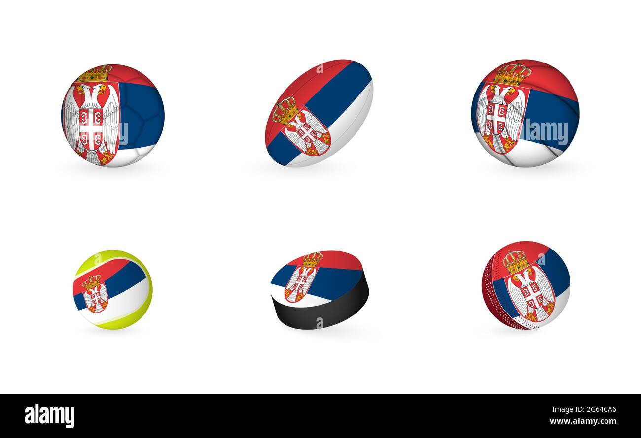 Attrezzature sportive con bandiera della Serbia. Sports Icon Set of Football, Rugby, Basketball, Tennis, Hockey, Cricket. Illustrazione Vettoriale