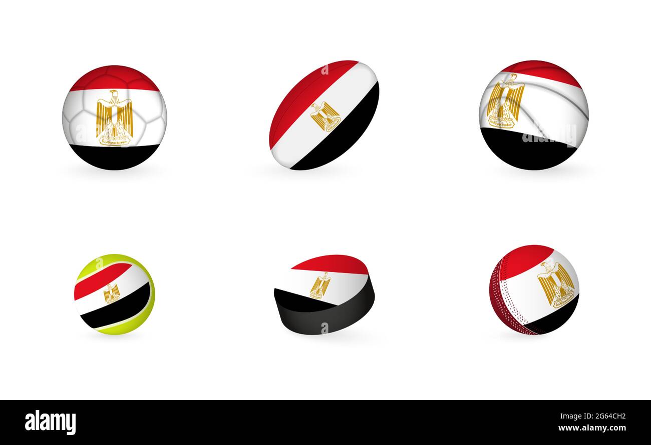Attrezzature sportive con bandiera dell'Egitto. Sports Icon Set of Football, Rugby, Basketball, Tennis, Hockey, Cricket. Illustrazione Vettoriale