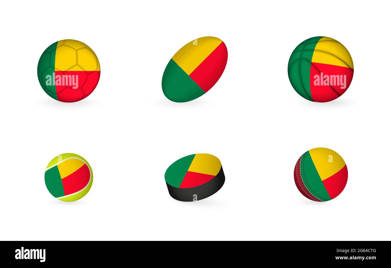Attrezzature sportive con bandiera di Benin. Sports Icon Set of Football, Rugby, Basketball, Tennis, Hockey, Cricket. Illustrazione Vettoriale