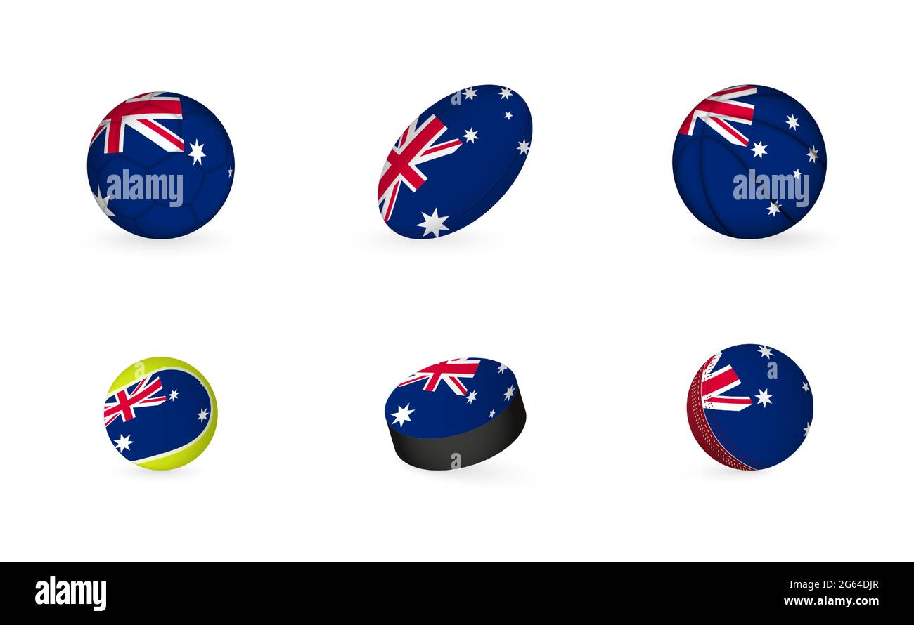 Attrezzature sportive con bandiera dell'Australia. Sports Icon Set of Football, Rugby, Basketball, Tennis, Hockey, Cricket. Illustrazione Vettoriale
