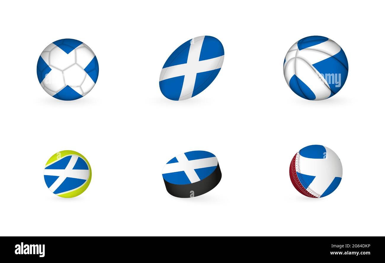 Attrezzature sportive con bandiera della Scozia. Sports Icon Set of Football, Rugby, Basketball, Tennis, Hockey, Cricket. Illustrazione Vettoriale