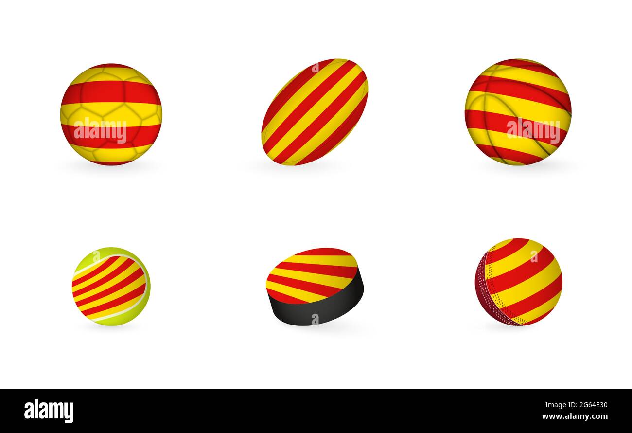 Attrezzature sportive con bandiera della Catalogna. Sports Icon Set of Football, Rugby, Basketball, Tennis, Hockey, Cricket. Illustrazione Vettoriale