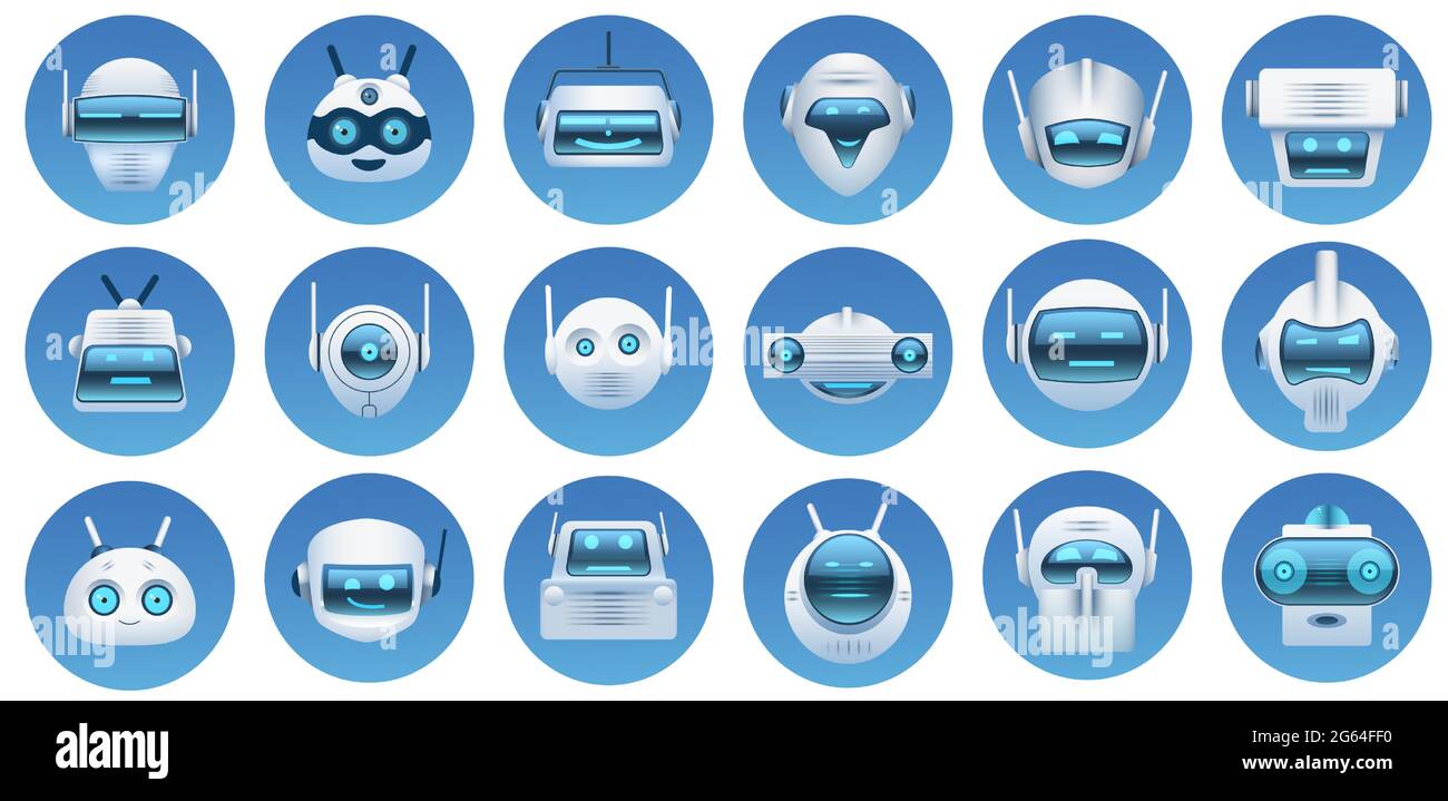 Avatar testa robot. Assistente virtuale di Cartoon, facce di bot di chat, logo di robot, emoji e mascotte. Icone futuristiche android set vettoriale Illustrazione Vettoriale