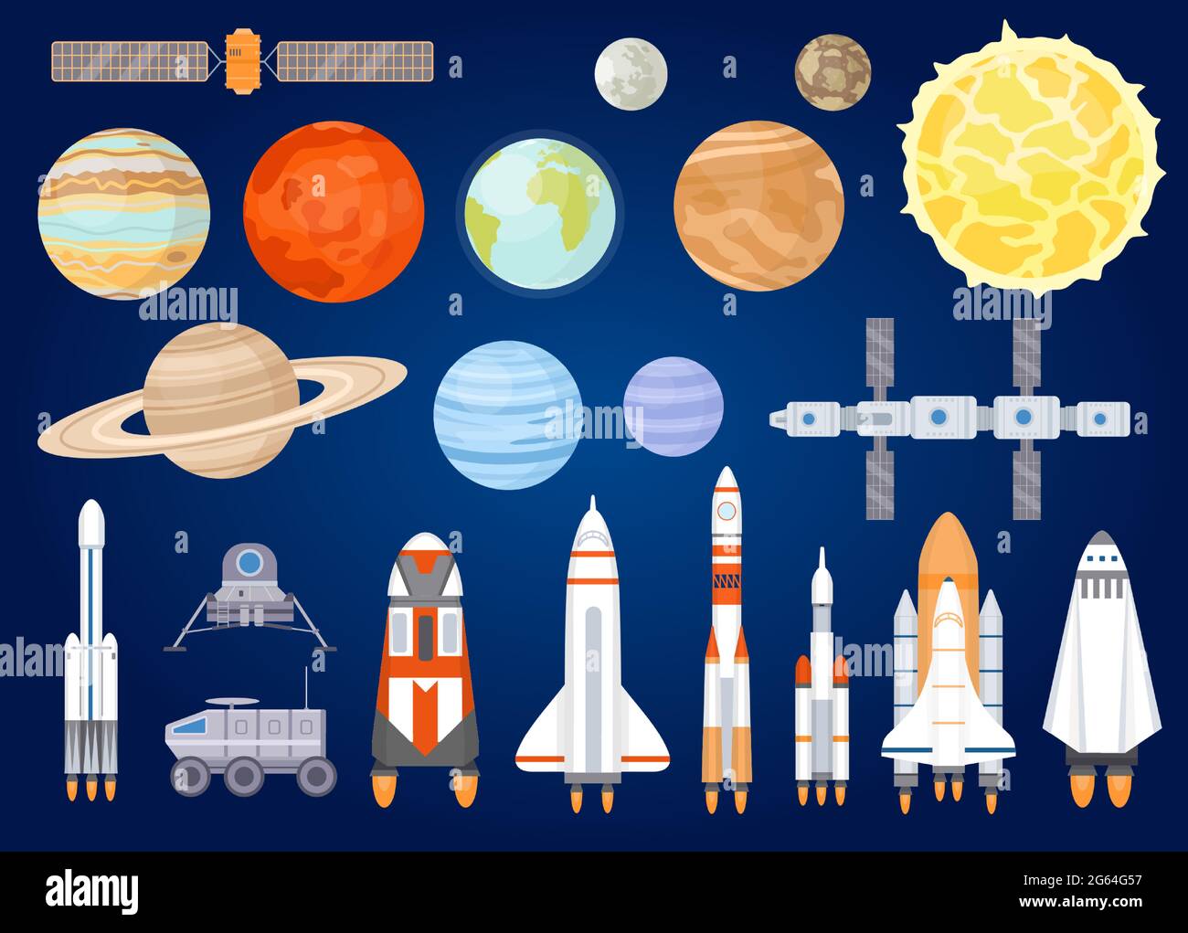 Elementi di spazio. Sistemi solari pianeti, sole, astronave, razzo, satelliti, marte e moon rover. Esplorazione dell'universo. Set vettoriale cosmico cartoon Illustrazione Vettoriale