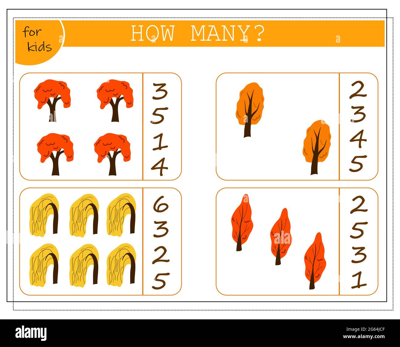 Gioco di matematica per i bambini, contare quanti alberi autunnali. Vettore isolato su sfondo bianco. Illustrazione Vettoriale