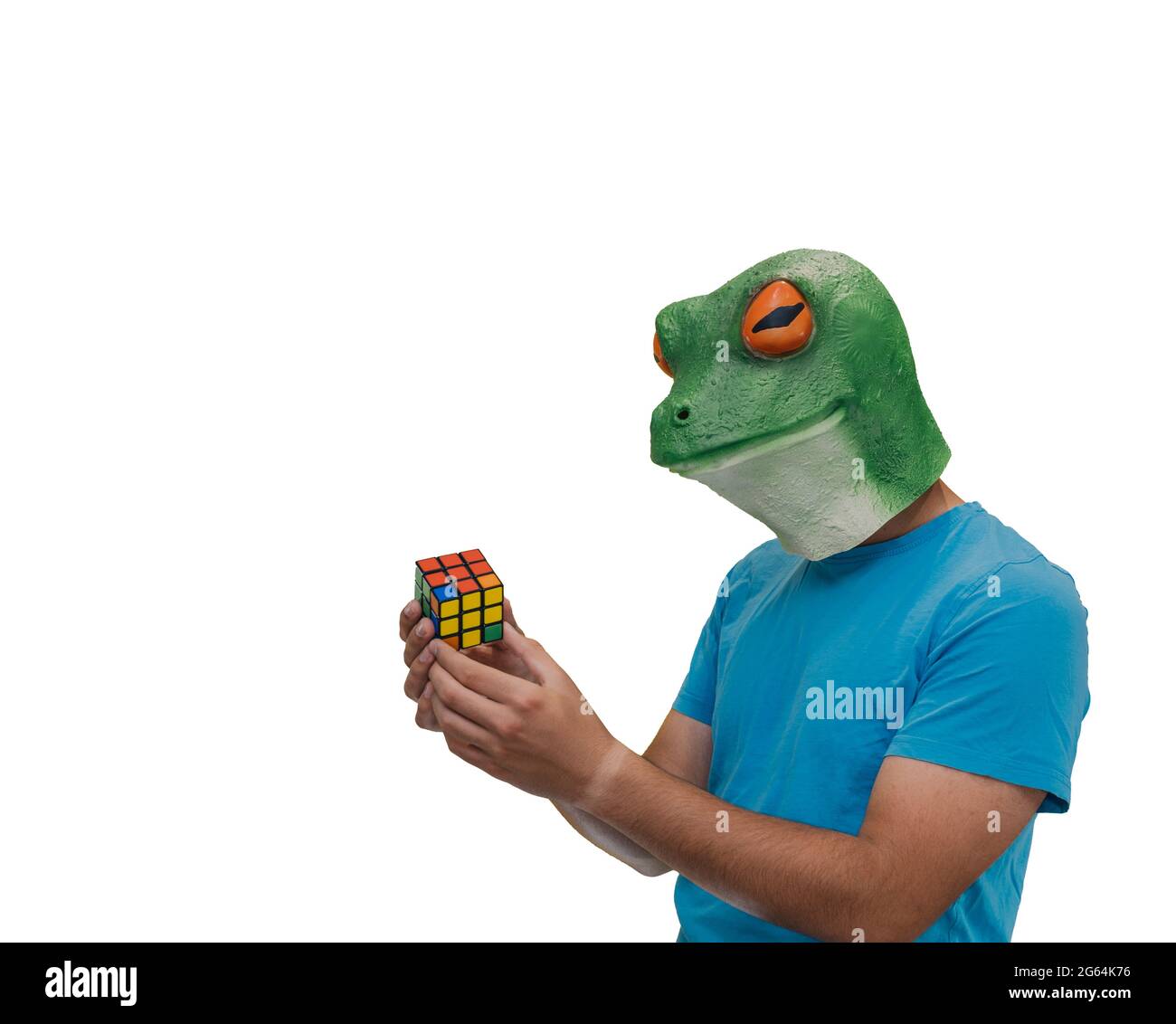 Uomo con una maschera di rana sulla testa che gioca con un puzzle colorato chiamato cubo di Rubik su uno sfondo bianco e spazio di copia Foto Stock