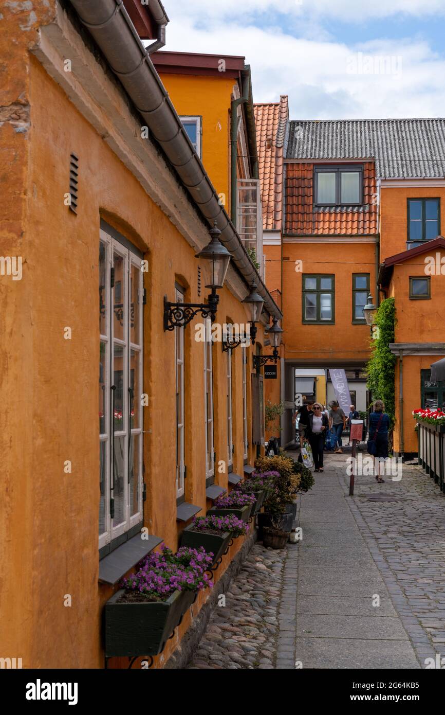 Koge, Danimarca - 12 Giugno 2021 - strada acciottolata con edifici colorati e molti pedoni nel centro storico della città vecchia di Koge Foto Stock