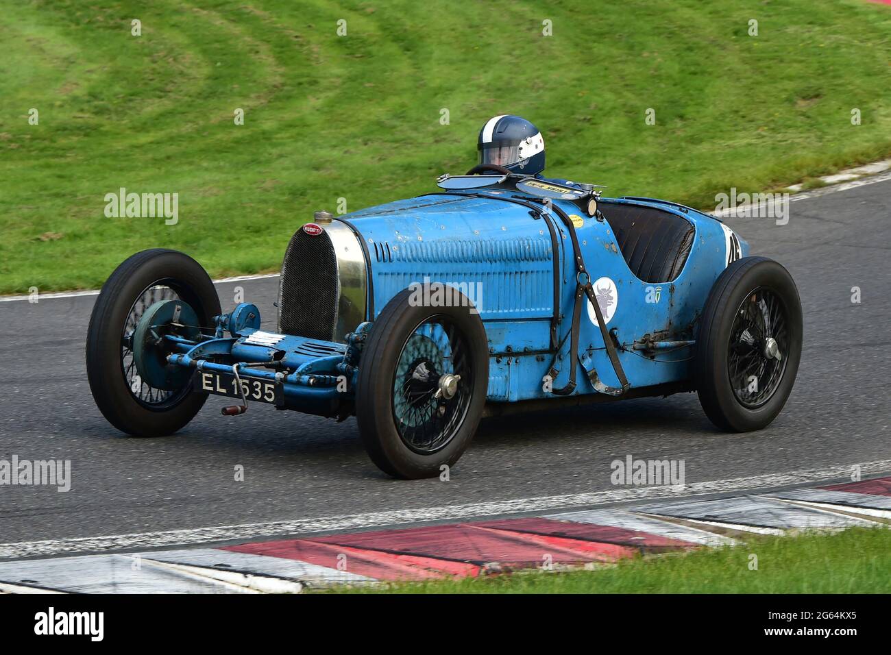 Philip Bewley, Bugatti T35, Allcomers handicap Race, 5 giri, VSCC, Shuttleworth Nuffield e Len Thompson Trophies Race Meeting, Cadwell Park Circuit, Foto Stock