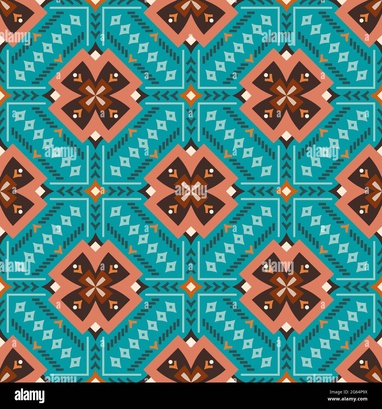 Geometrie su blu brillante. Rombi curvi, forme a V, punti, linee e altri elementi in tonalità terrose. Ideale per progetti stampati e aree digitali Illustrazione Vettoriale