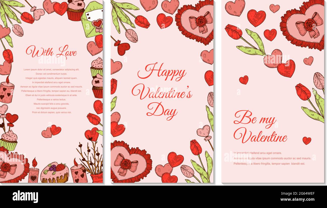 Set di biglietti d'auguri verticali per San Valentino con elementi disegnati a mano. Modello di storie sui social media. Illustrazione vettoriale Illustrazione Vettoriale