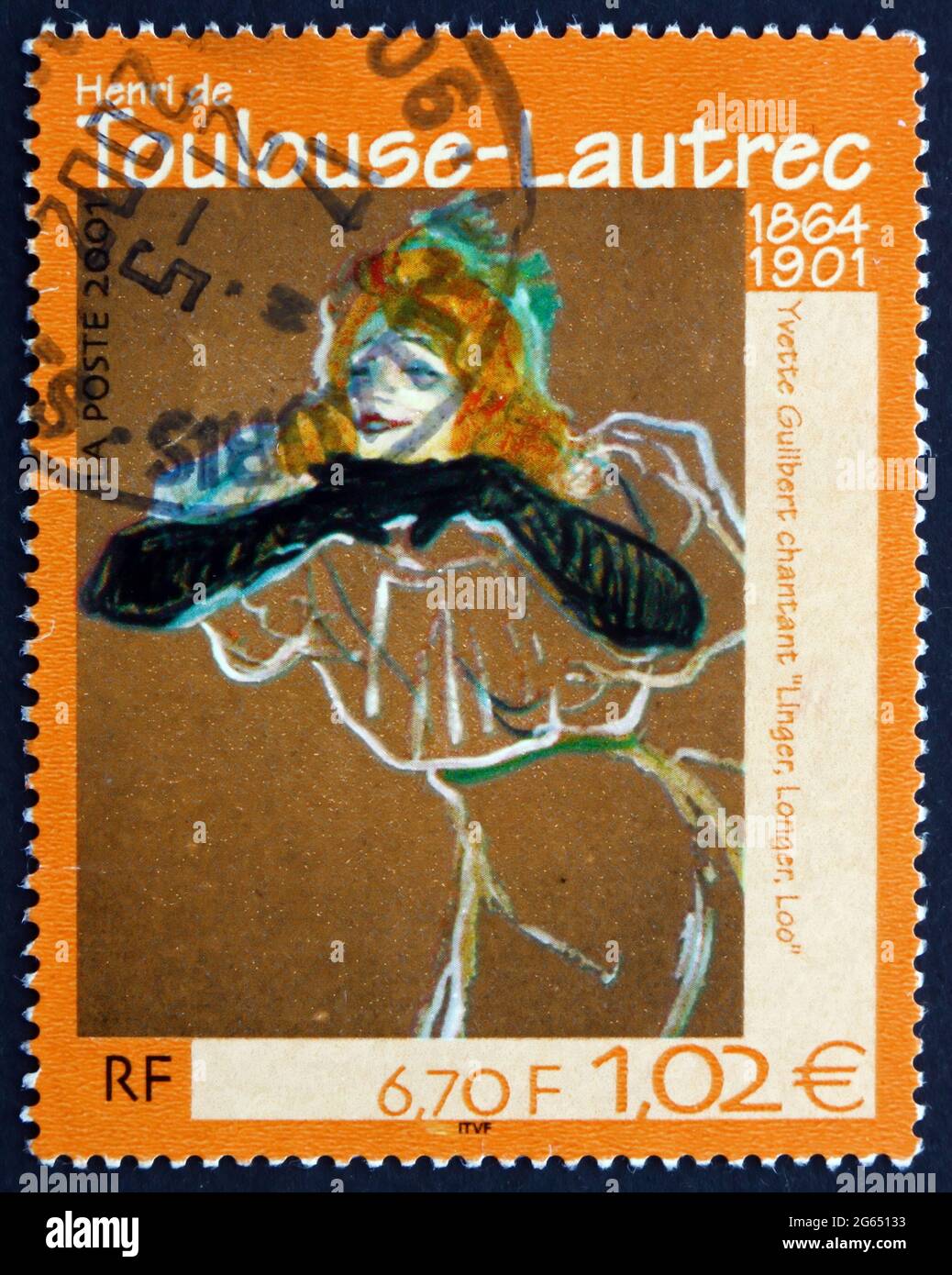 FRANCIA - CIRCA 2001: Un francobollo stampato in Francia mostra Yvette Guilbert Singing Linger, più lungo, Loo, Pittura di Henry de Toulouse-Lautrec, circa 200 Foto Stock