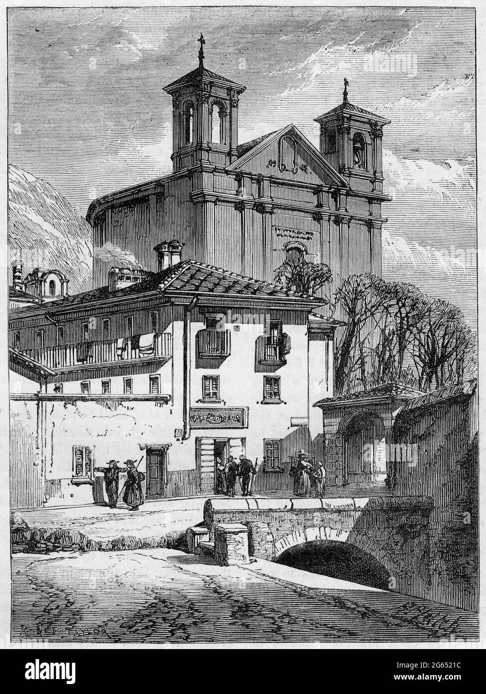 Incisione della chiesa protestante di San Jean nelle Valli Valdese, pub. 1878 Foto Stock