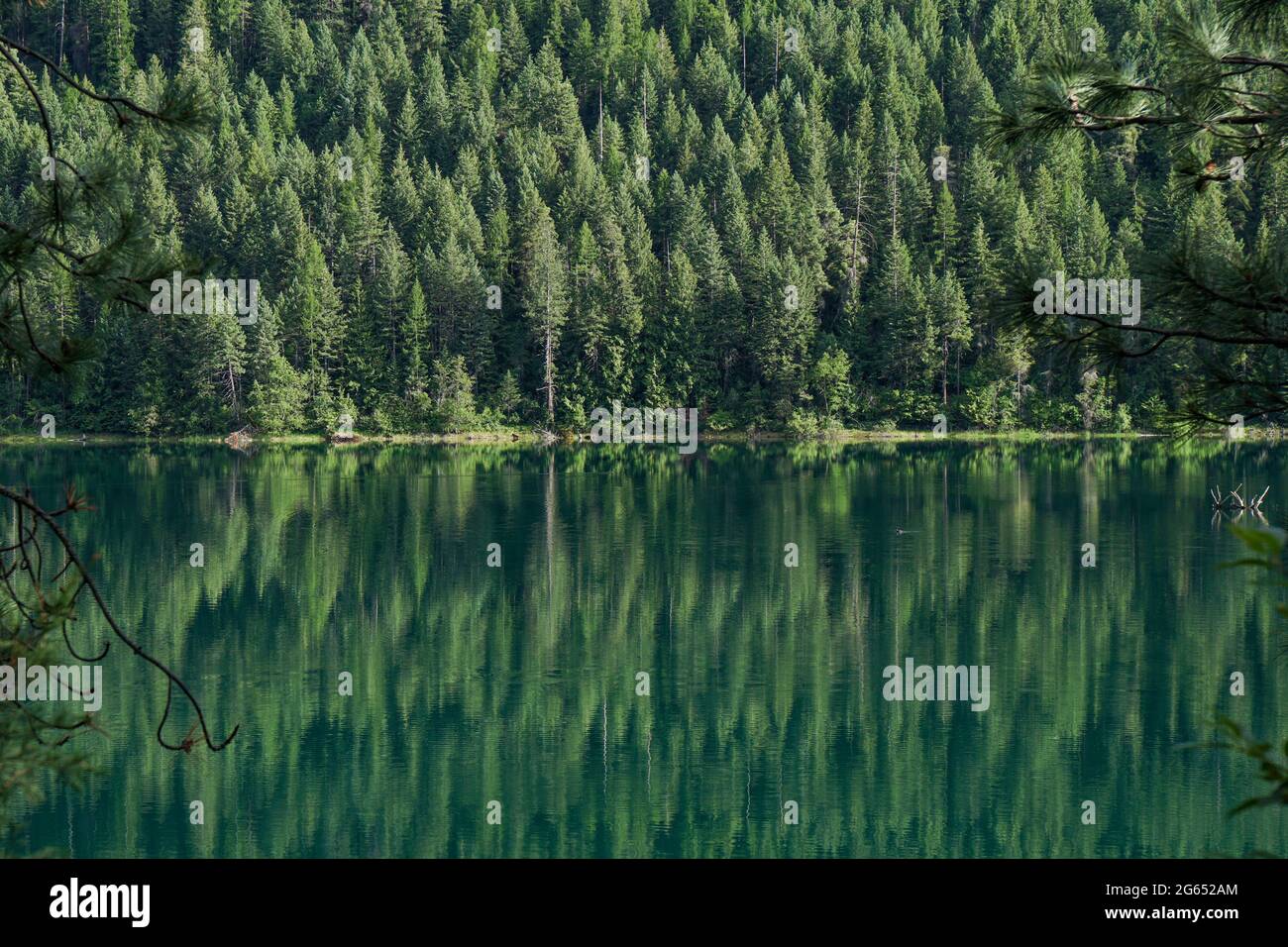 Una tranquilla giornata estiva in un lago artificiale del Montana crea splendidi riflessi e una cascata impressionante. Foto Stock