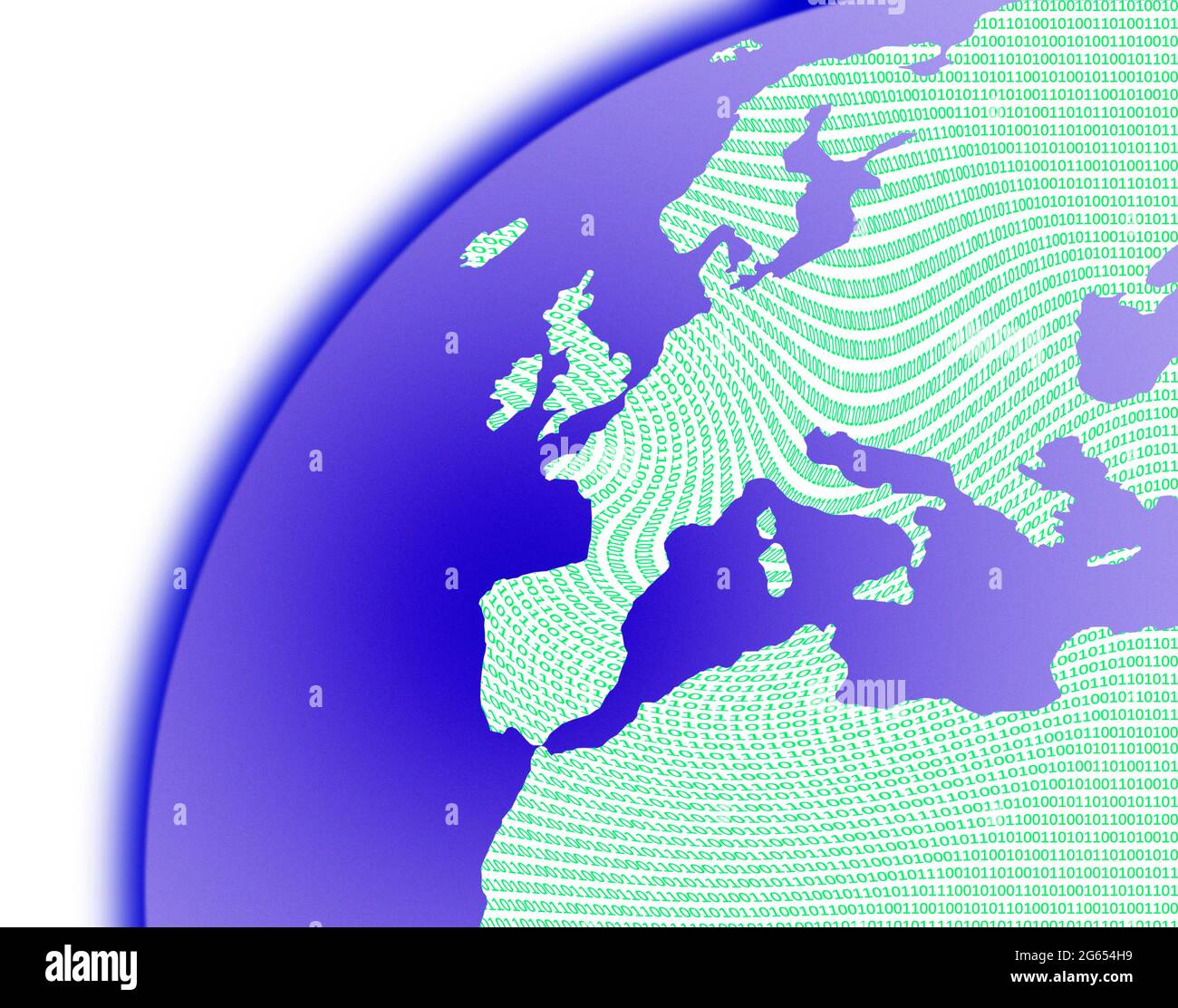Codice binario su una mappa dell'Europa, immagine concettuale Foto Stock