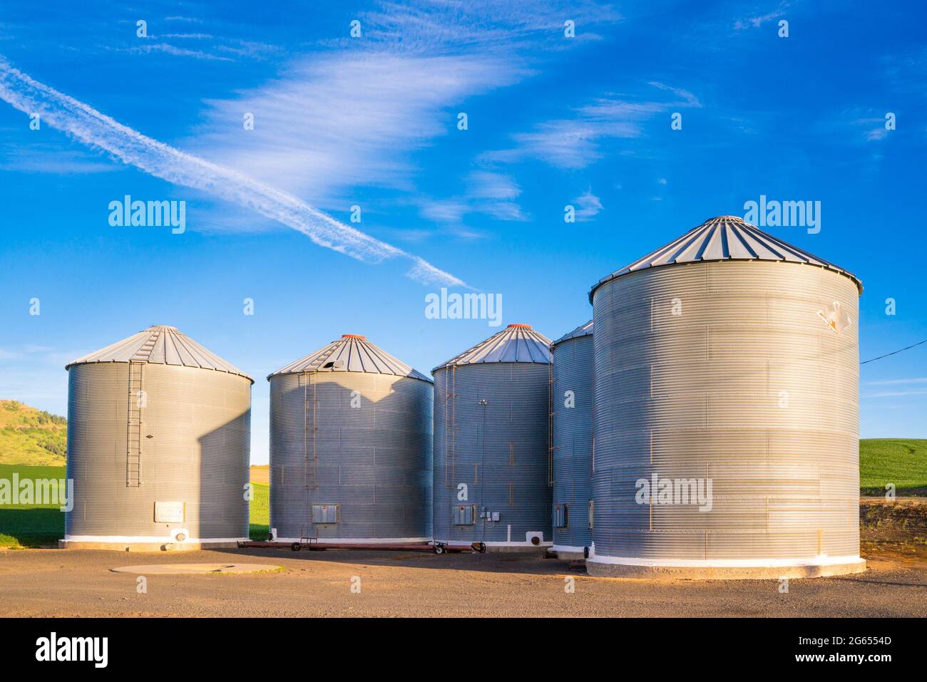 Vista dei silos di grano visti dalla fattoria nello stato di Palouse Washington Foto Stock