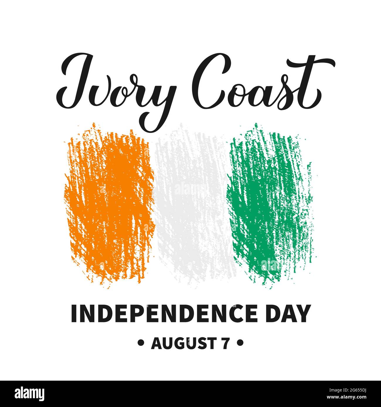 Costa d'Avorio Independence Day calligrafia con bandiera a pennellata. Festa nazionale festeggia il 7 agosto. Modello vettoriale per il post tipografico Illustrazione Vettoriale