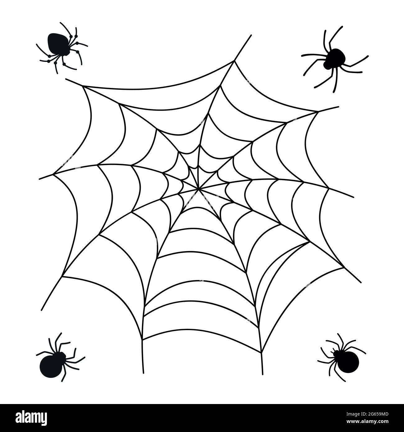 Cobweb e il ragno Halloween insieme. Silhouette ragni spaventosi, doodle  web pericolosa collezione piatta. Appendere decorazione di fotoricettore  per il disegno di orrore creepy, confusione di segno, trappola di rete.  Felice vettore