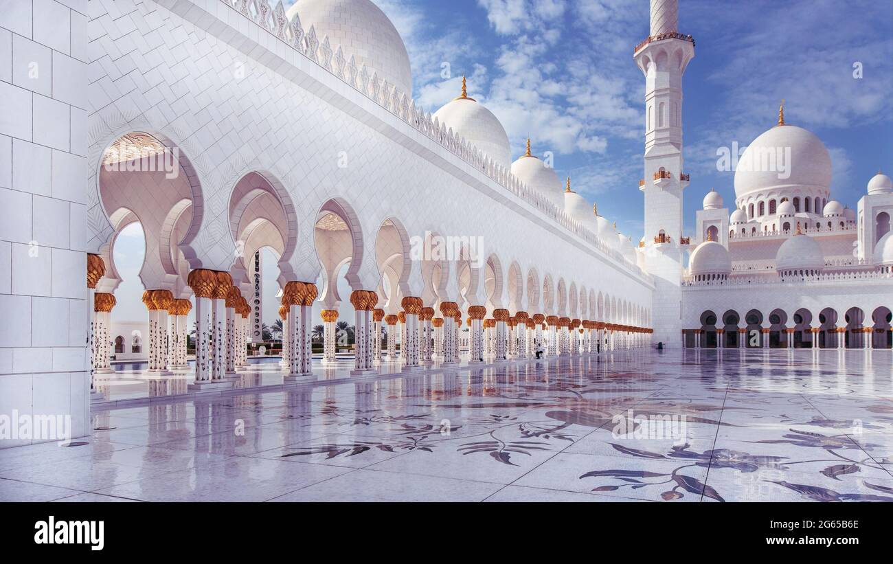 Colonne ornate della Grande Moschea dello Sceicco Zayed, Abu Dhabi, Emirati Arabi Uniti. Foto Stock