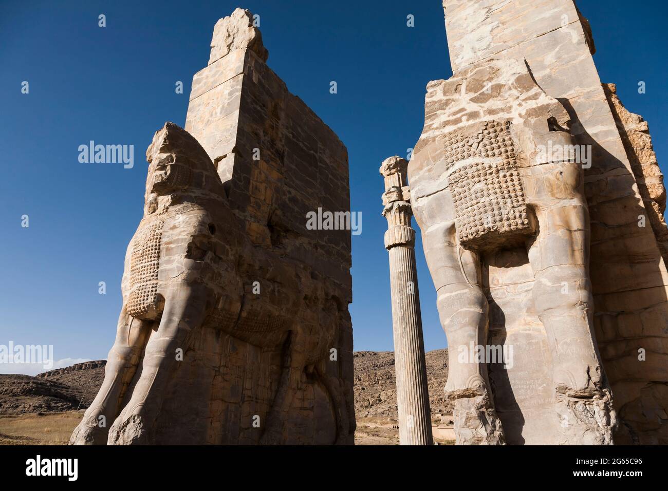 Persepolis, statua di toro, porta di tutte le nazioni, porta di Xerxes, capitale dell'impero di Achemenid, provincia di Fars, Iran, Persia, Asia occidentale, Asia Foto Stock