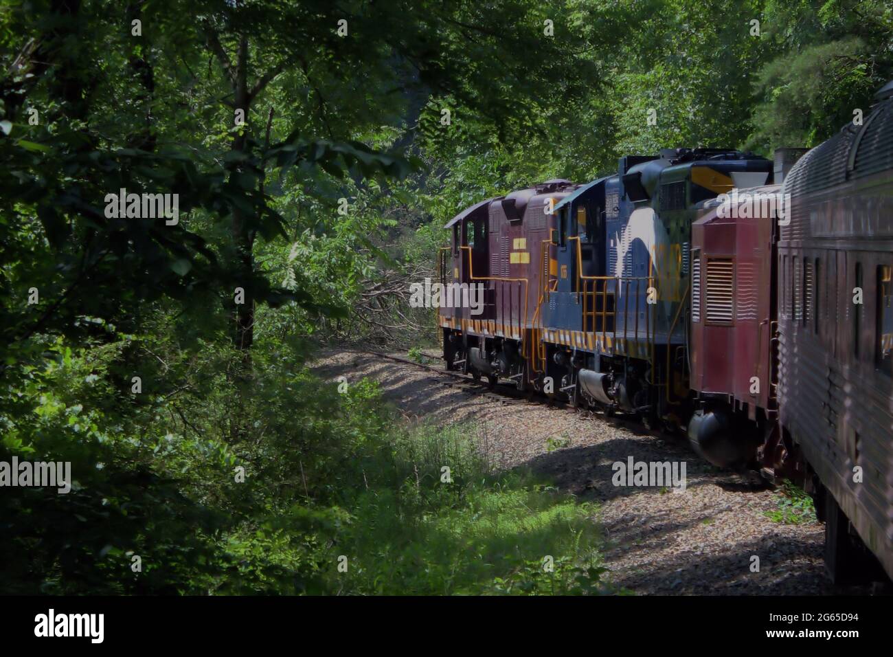 Un treno colorato che corre attraverso le montagne del North Carolina Foto Stock