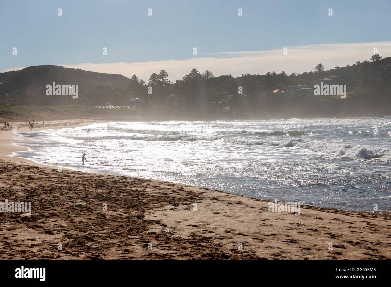Il sole della mattina presto sbatte su Avalon Beach a Sydney mentre i surfisti si dirigono verso le onde dell'oceano, NSW, Australia Foto Stock