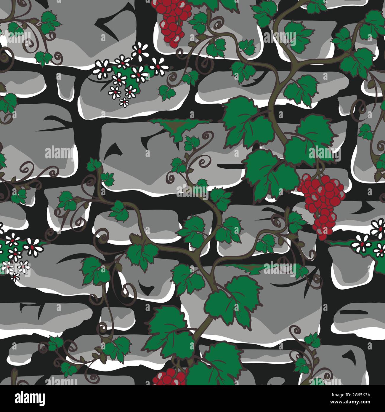 Modello vettoriale senza cuciture con parete in pietra e piante da arrampicata su sfondo grigio. Muro castello di carta da parati con pianta di vite. Illustrazione Vettoriale