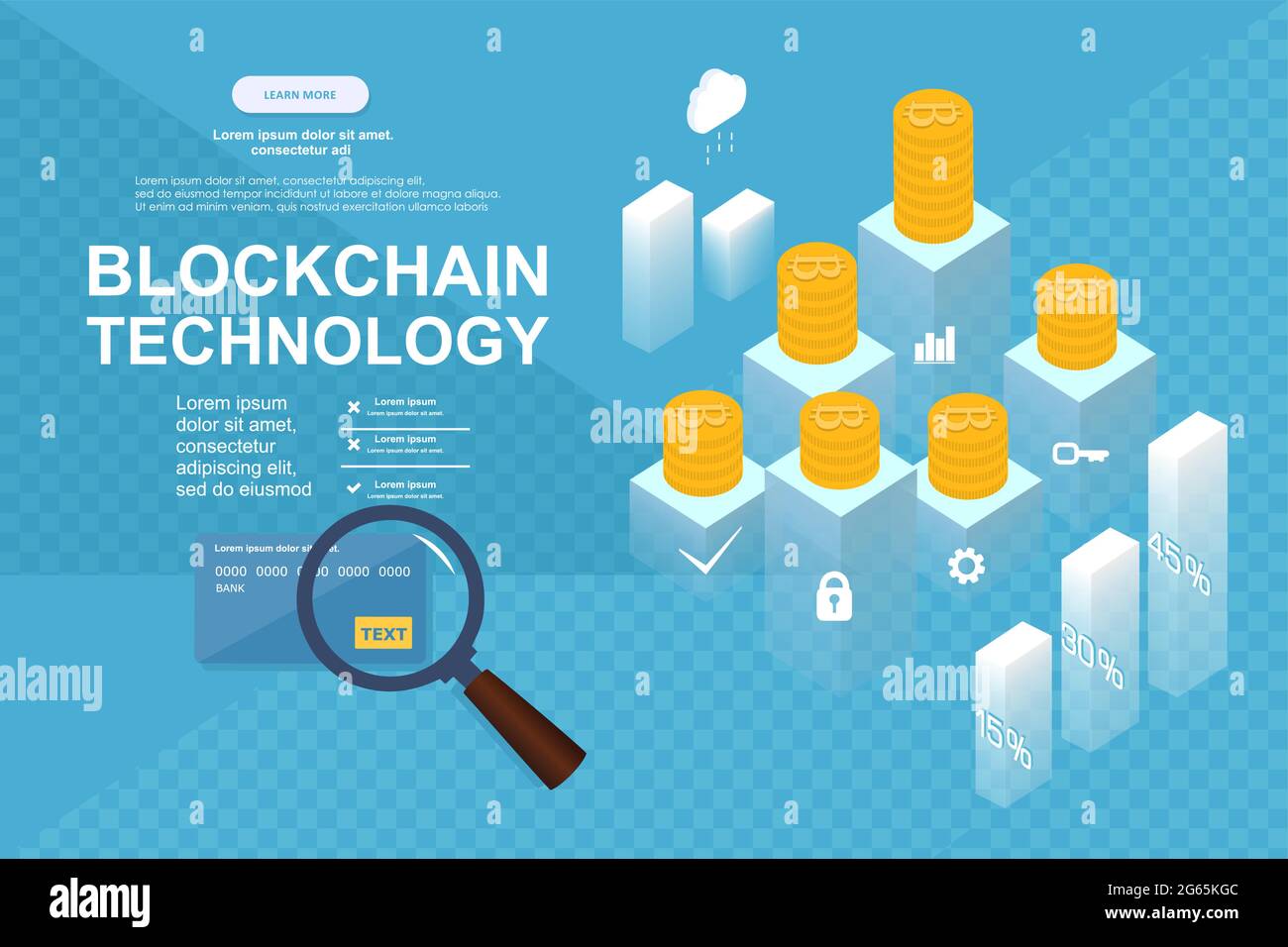 Composizione isometrica a criptovaluta e blockchain con persone, analisti e manager che lavorano all'avvio di crypto. Illustrazione isometrica Illustrazione Vettoriale