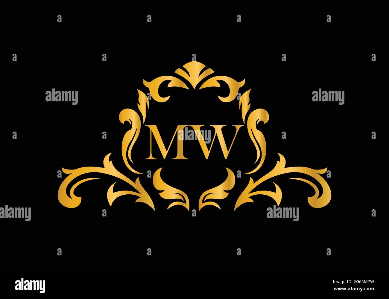 Lettere Alfabeto di lusso MW. Alfabeto floreale dorato . Le iniziali del monogramma perfettamente per gli inviti di nozze, il biglietto di auguri, il logo ed altro disegno. Illustrazione Vettoriale