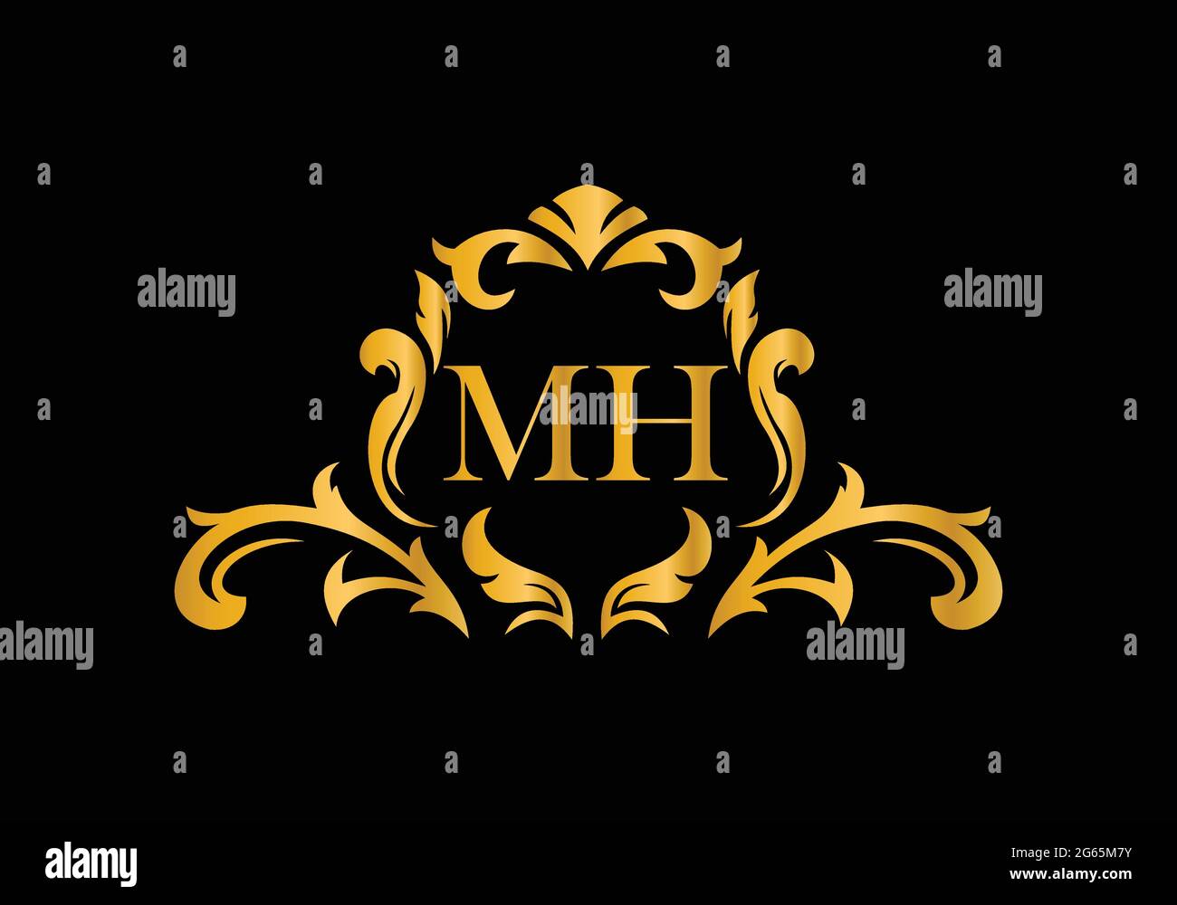 Lettere Alfabeto di lusso MH. Alfabeto floreale dorato . Le iniziali del monogramma perfettamente per gli inviti di nozze, il biglietto di auguri, il logo ed altro disegno. Illustrazione Vettoriale