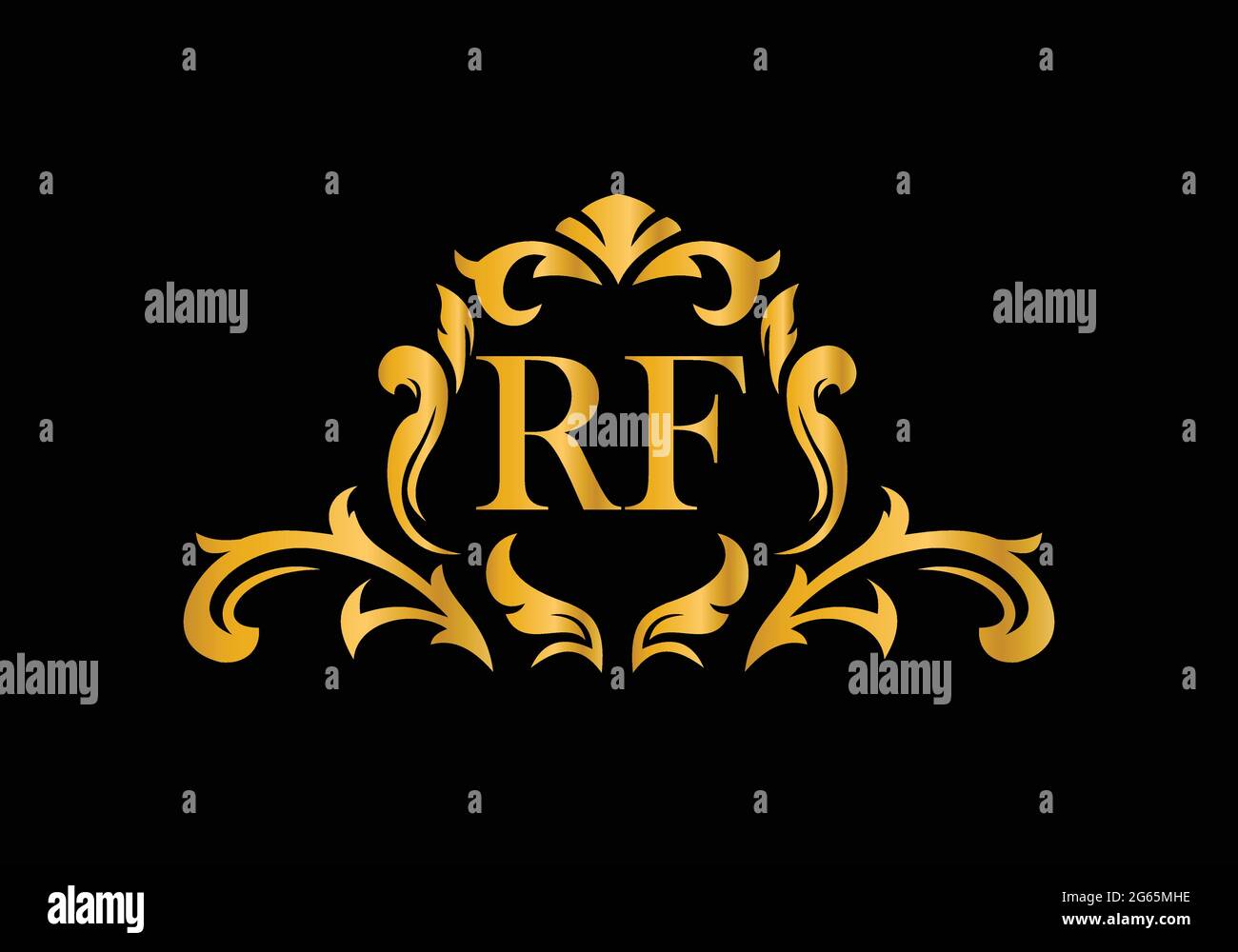 Lettere in alfabeto di lusso RF. Alfabeto floreale dorato . Le iniziali del monogramma perfettamente per gli inviti di nozze, il biglietto di auguri, il logo ed altro disegno. Illustrazione Vettoriale